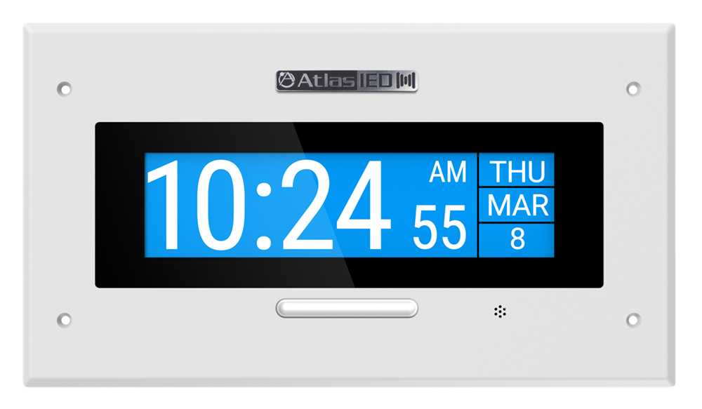 PoE+ indoor wall mount LCD endpoint with talkback microphone and LED flasher on white background